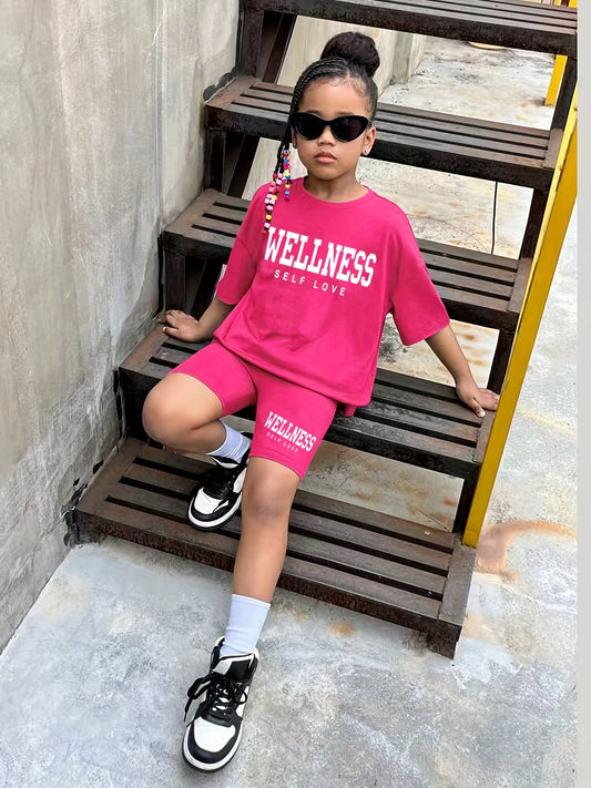 Girl's Casual Suit: Letter Print T-shirt & Bicycle Shorts