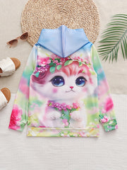 Girls Kitty & Flower Graphic Hoodies Comfy Casual Sweatshirt
