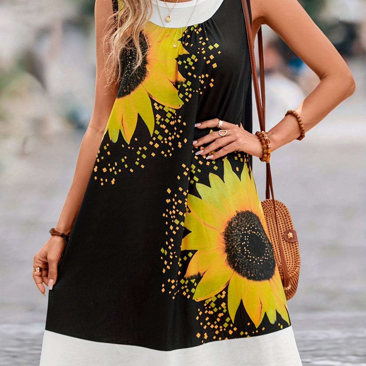  Colorblock Sunflower Print Tank Dress