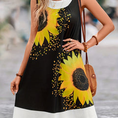  Colorblock Sunflower Print Tank Dress