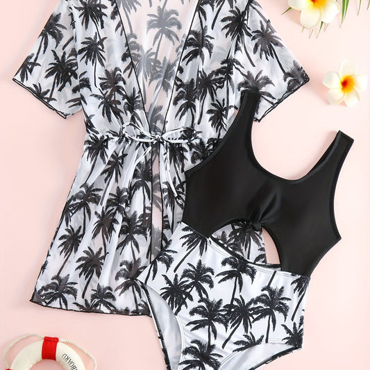 Girl's Coconut Pattern Swimsuit & Cover Up Tankini Set