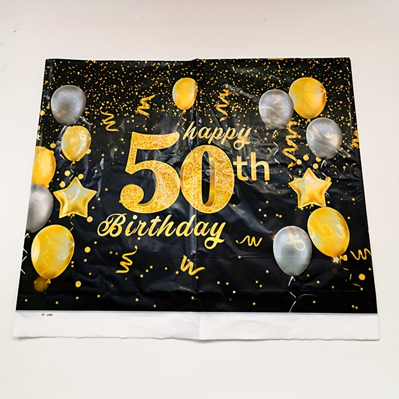 Golden Happy 50th Birthday Tablecloth Rectangular Party Table Cover