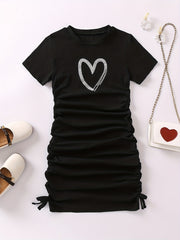 Girls Heart Graphic Ruched Knit Dress