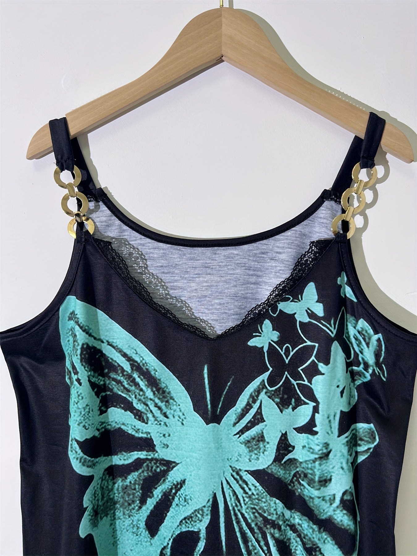 Butterfly Print Chain Strap Top Lace Spaghetti Strap for Women