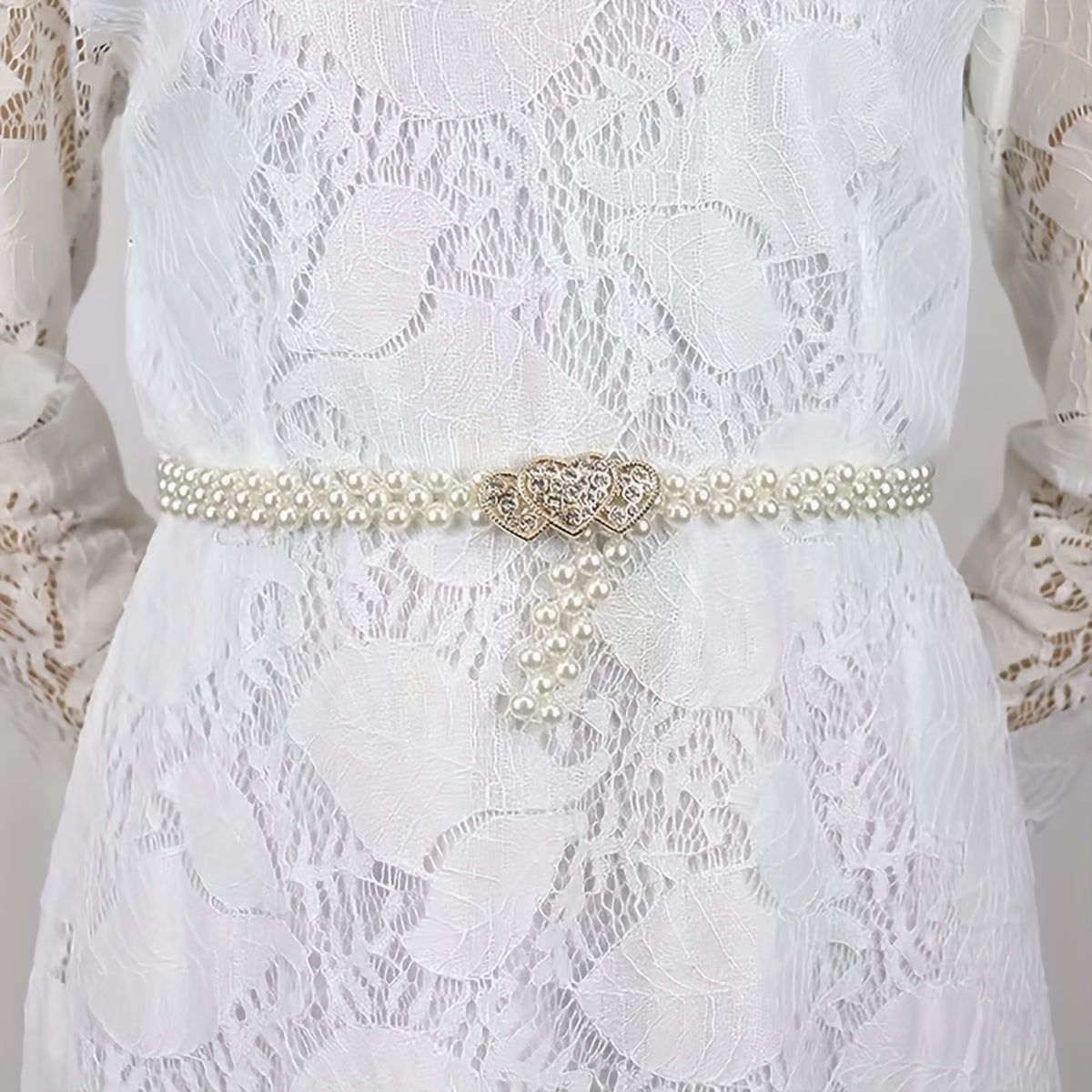 Heart Buckle Pearl Belt Rhinestone Decor Waistband Dress Girdle