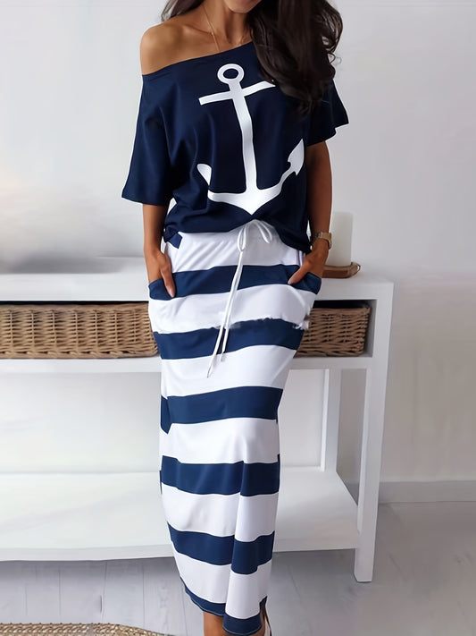 Anchor Print Off Shoulder T-shirt & Striped Maxi Skirt Set