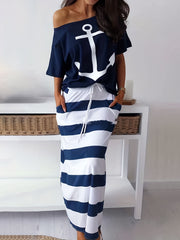 Anchor Print Off Shoulder T-shirt & Striped Maxi Skirt Set