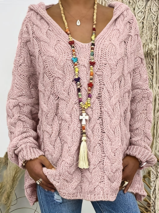 Oversize Knit Pullover Hooded Sweater V-Neck Casual Fall Winter Women
