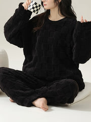Solid Fuzzy Lounge Set Crew Neck Top & Pants Women's Loungewear