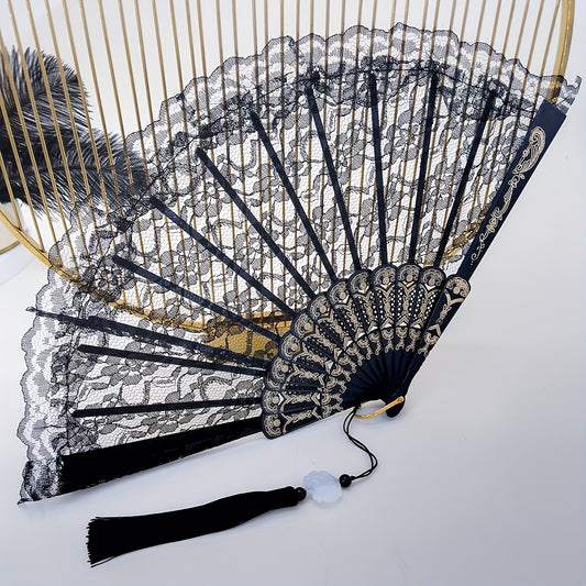 Lace Floral Pattern Folding Fan with Tassel