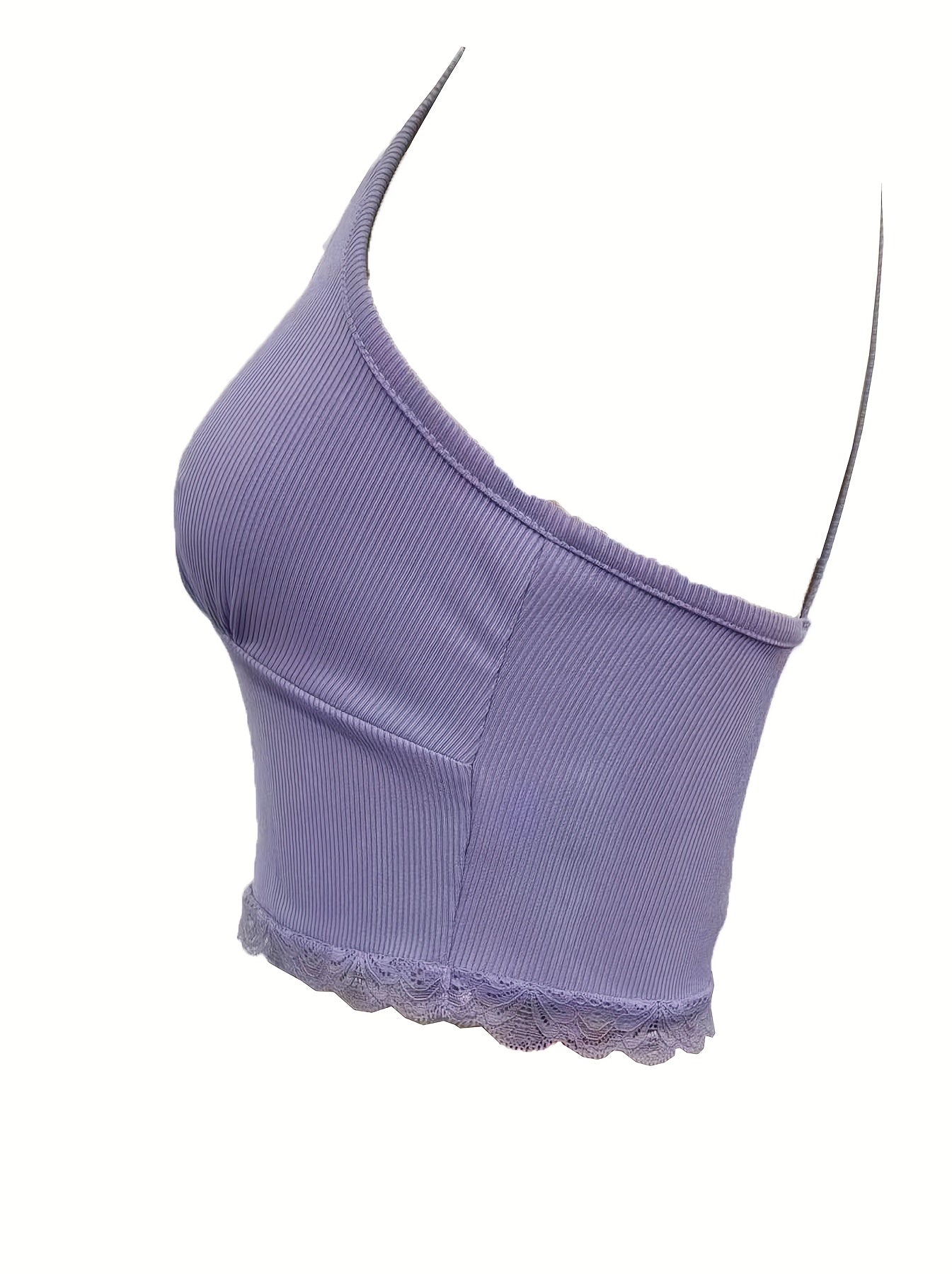 Lace Trim V Neck Crop Cami Top Ribbed Sleeveless Summer Tank