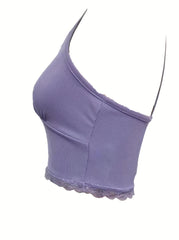 Lace Trim V Neck Crop Cami Top Ribbed Sleeveless Summer Tank