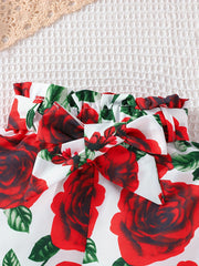 3pc Baby Girls Crop Tops & Floral Shorts Set With Belt & Headband