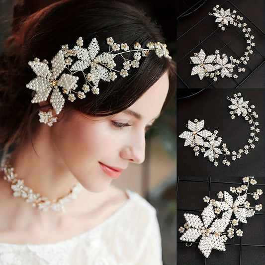 Pearl Tiara Braided Flower Headband Wedding Accessories