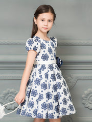 Girls Floral Print Short Sleeve Dress With Belt