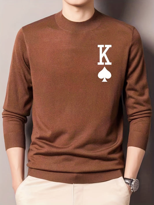 Spades Print Knitted Sweater Men's Warm Crew Neck Pullover