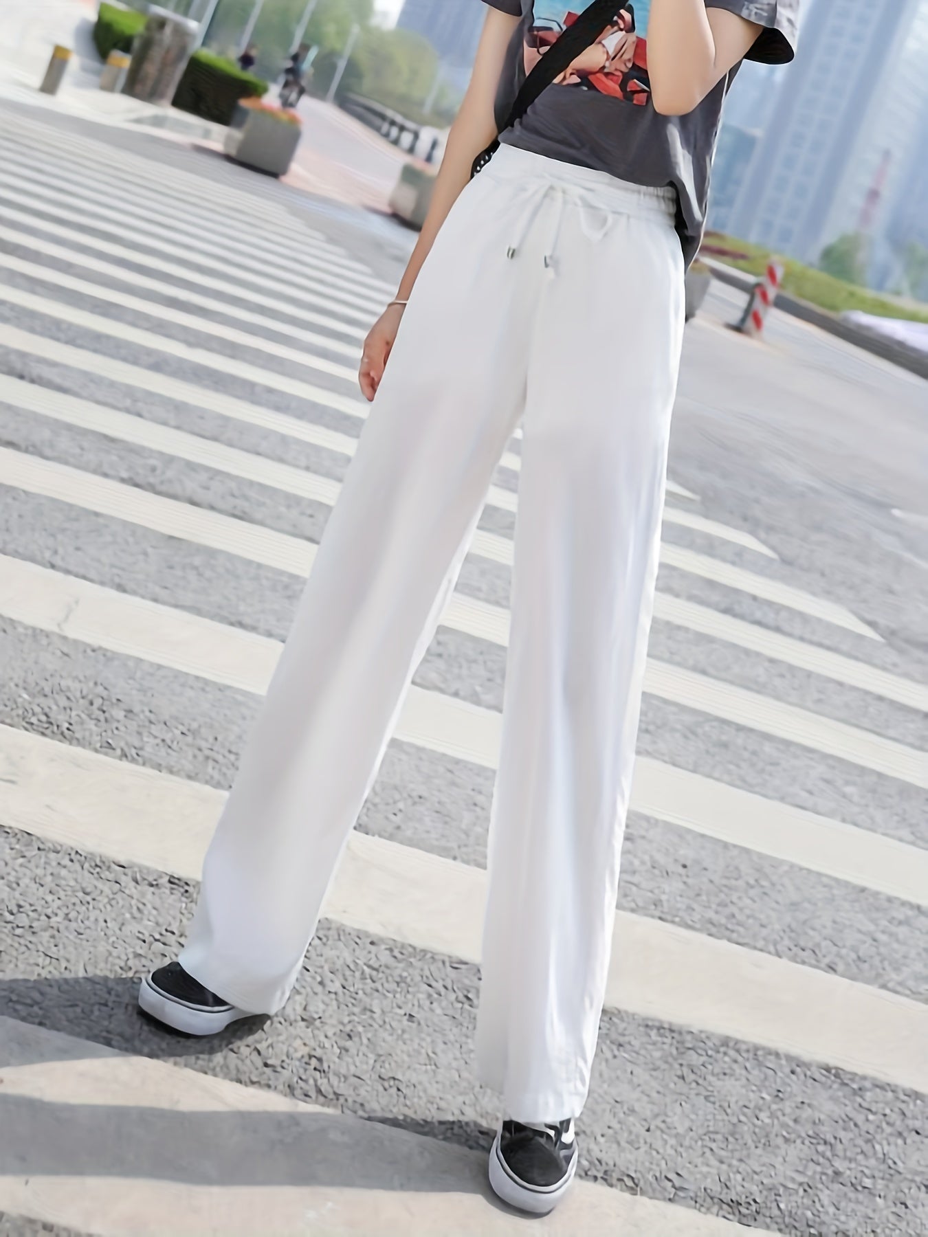 Solid Drawstring Wide Leg Pants Elastic Waist
