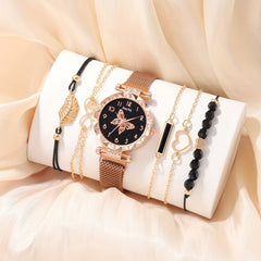 6pcs Heart Rhinestone Quartz Watch & Love Bangle Set
