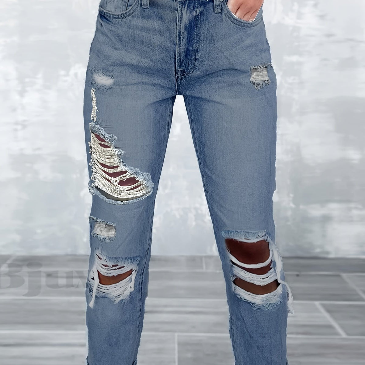  Button Fly Ripped Washed Jeans