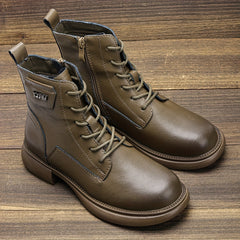 Women's Chunky Heel Lace-Up Side Zipper Leather Boots