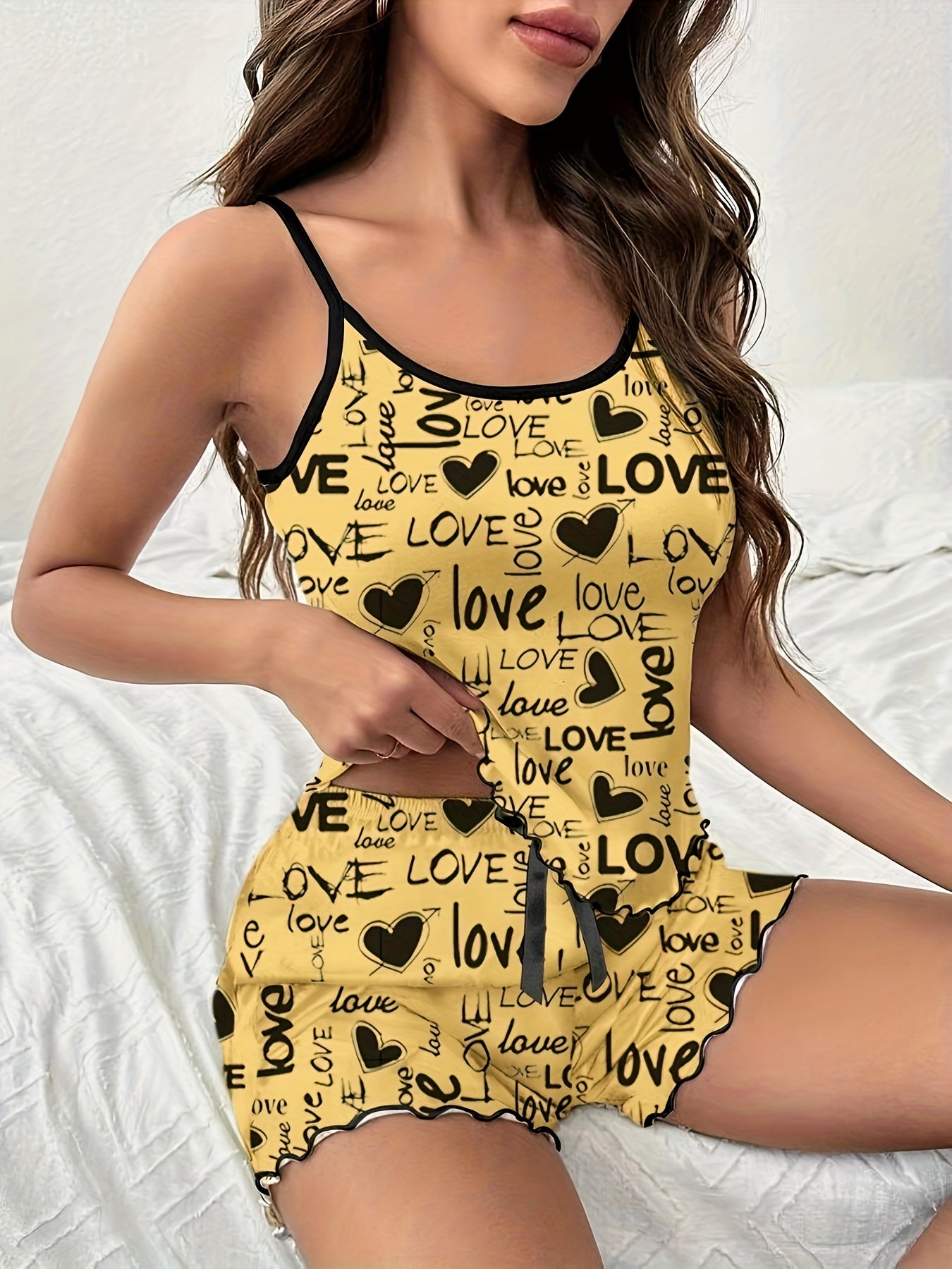Letter Print Pajama Set Crew Neck Cami Top & Shorts