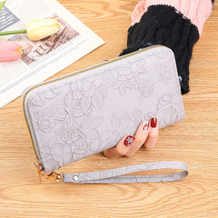 Floral Embossed Long Wallet Zipper Closure Clutch Purse