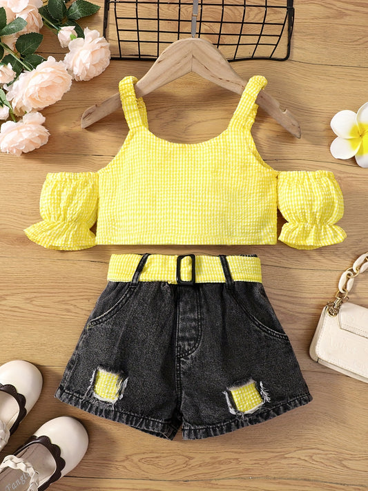 2pcs Girls Cold Shoulder Plaid Crop Tops & Denim Shorts Set