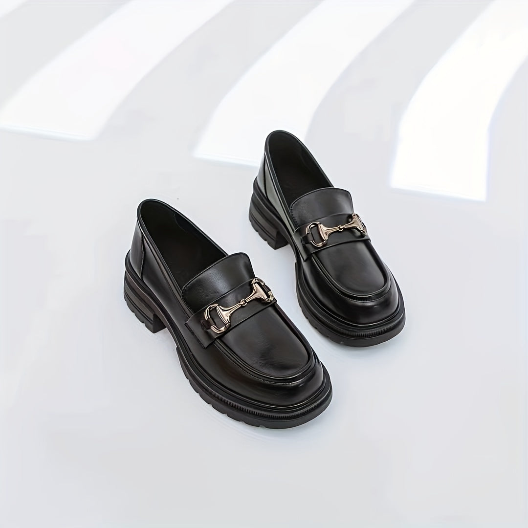 Women's Chunky Heel Loafers Slip On Faux Leather Shoes