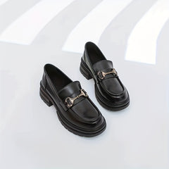 Women's Chunky Heel Loafers Slip On Faux Leather Shoes