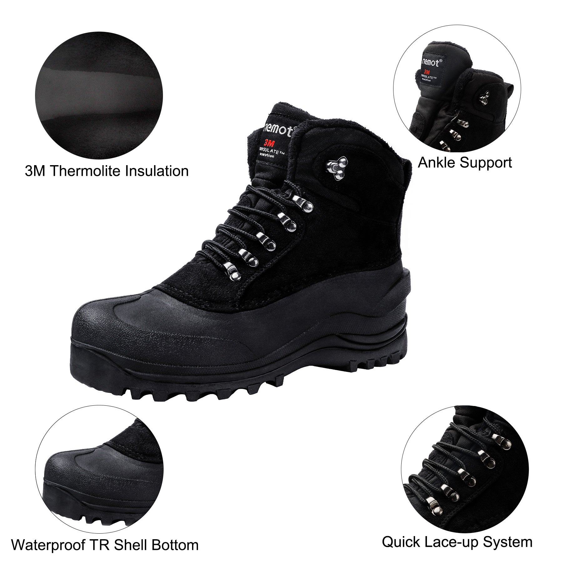 Men's Warm Waterproof Snow Boots Fluffy Lining Non Slip Winter Shoes