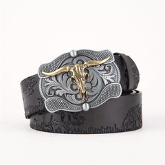 Men's Leather Belt Retro Embossed Western Cowboy Buckle Punk Style Belt