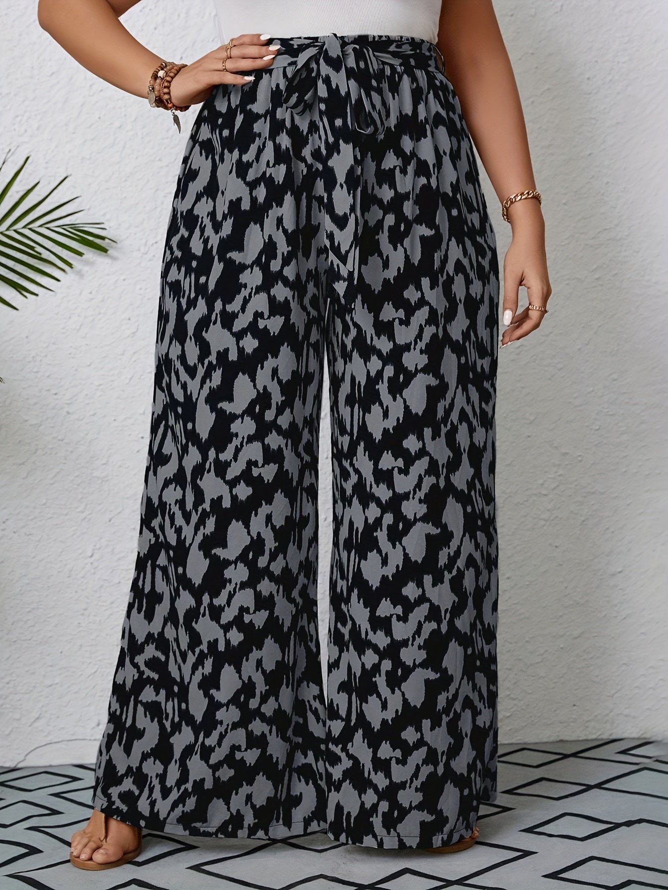  Leopard Print Wide Leg Trousers with Belt