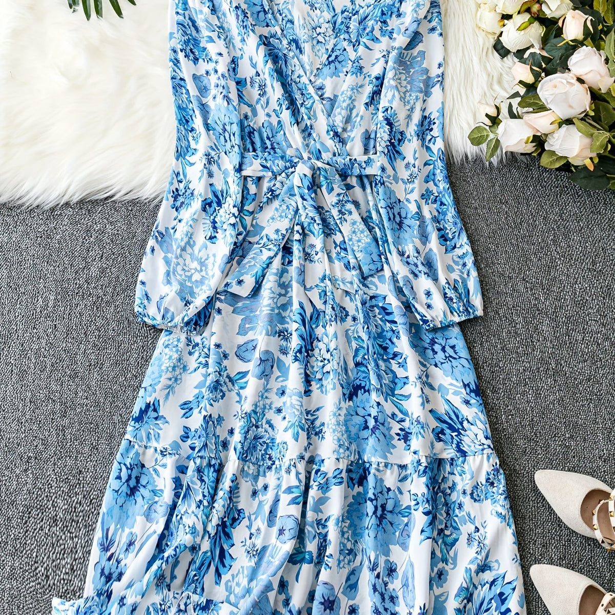 Floral Print Lantern Sleeve Smock Maxi Dress With Belt