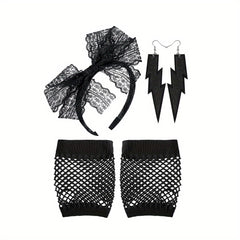 Lace Headband Earrings Fishnet Stocking Set for Party