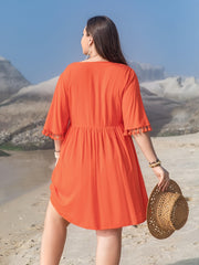  Solid Short Sleeve V Neck Tassel Keyhole Tie Dress