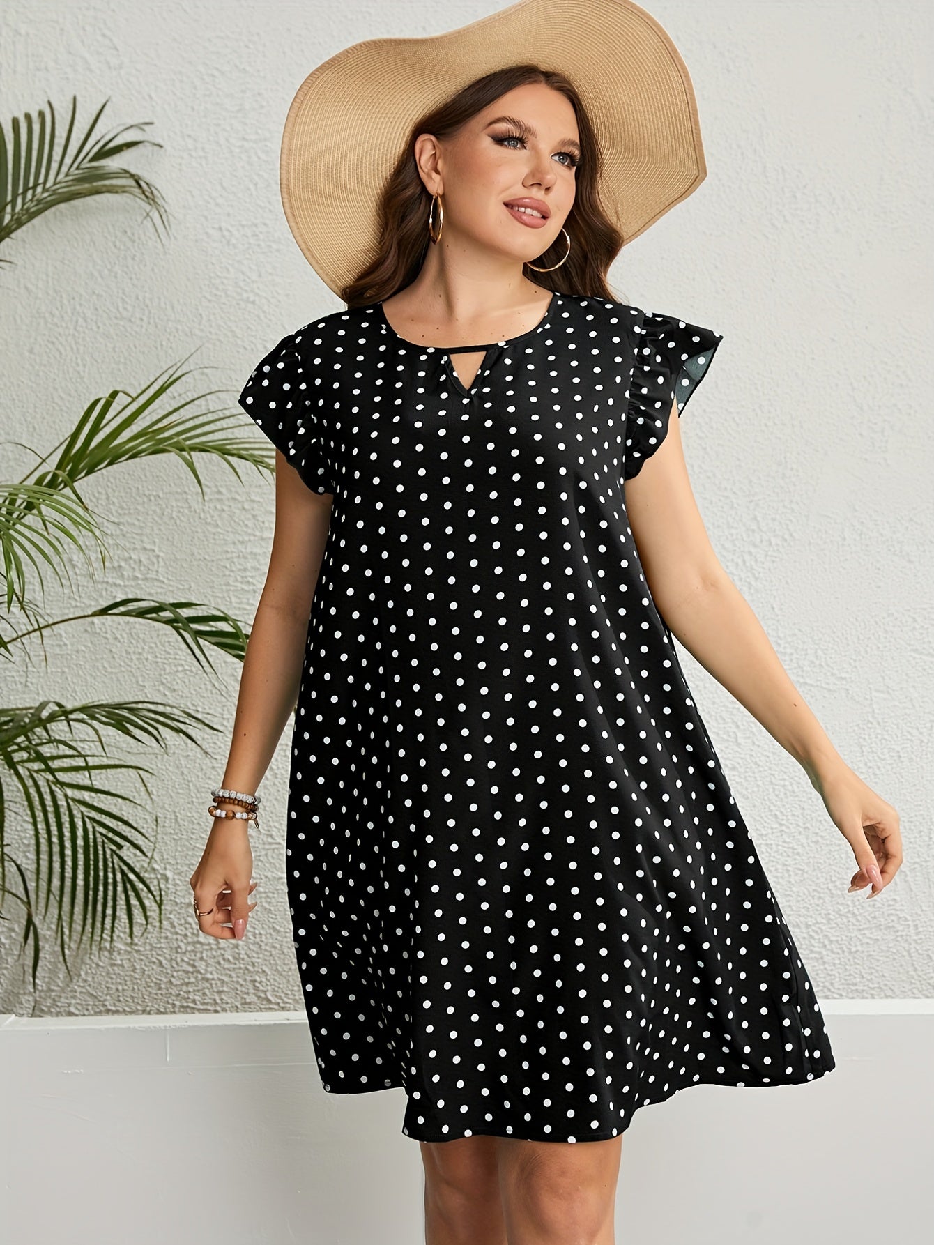 Women's Plus Polka Dot Print Cap Sleeve Dress