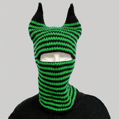 Unisex Halloween Striped Knit Hat With Horns For Warmth