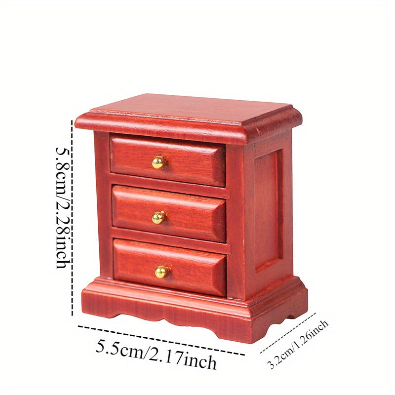 1:12 Scale Wooden Bedside Table w/ 3 Drawers Red