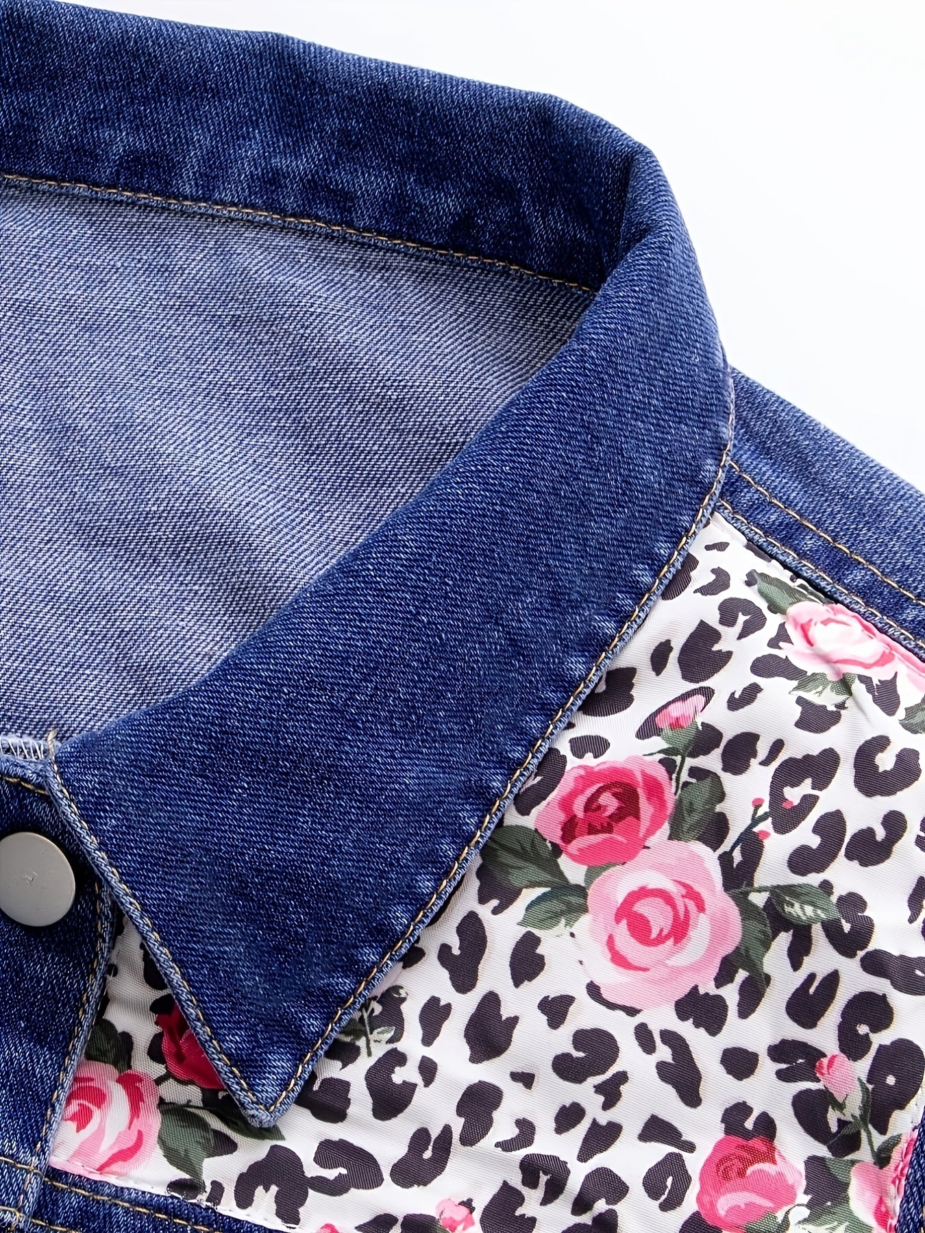  Floral & Leopard Print Fringe Trim Denim Jacket