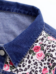  Floral & Leopard Print Fringe Trim Denim Jacket