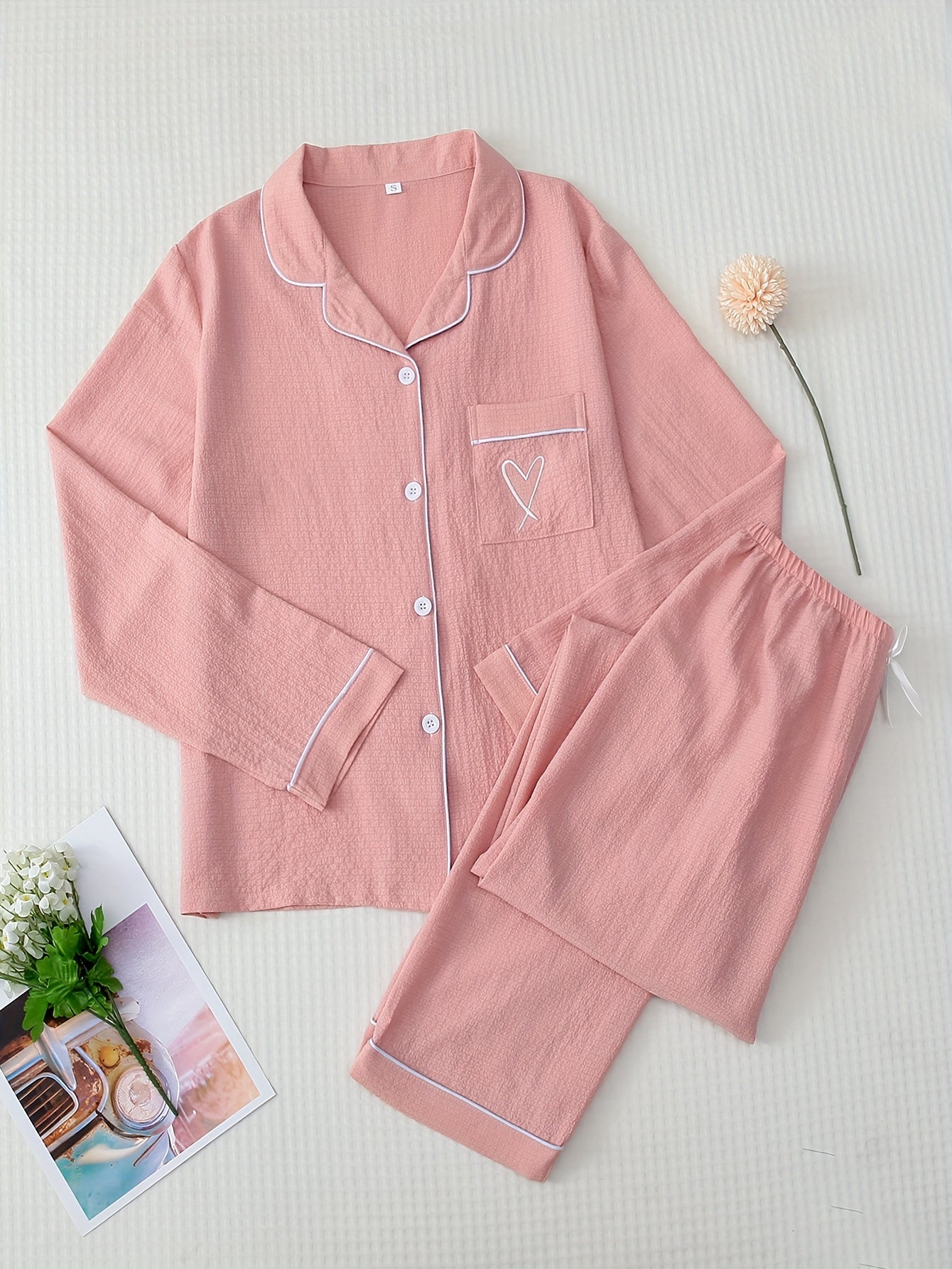 Heart Print Pajama Set Long Sleeve Buttons Top & Elastic Waistband Pants Women