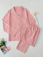 Heart Print Pajama Set Long Sleeve Buttons Top & Elastic Waistband Pants Women