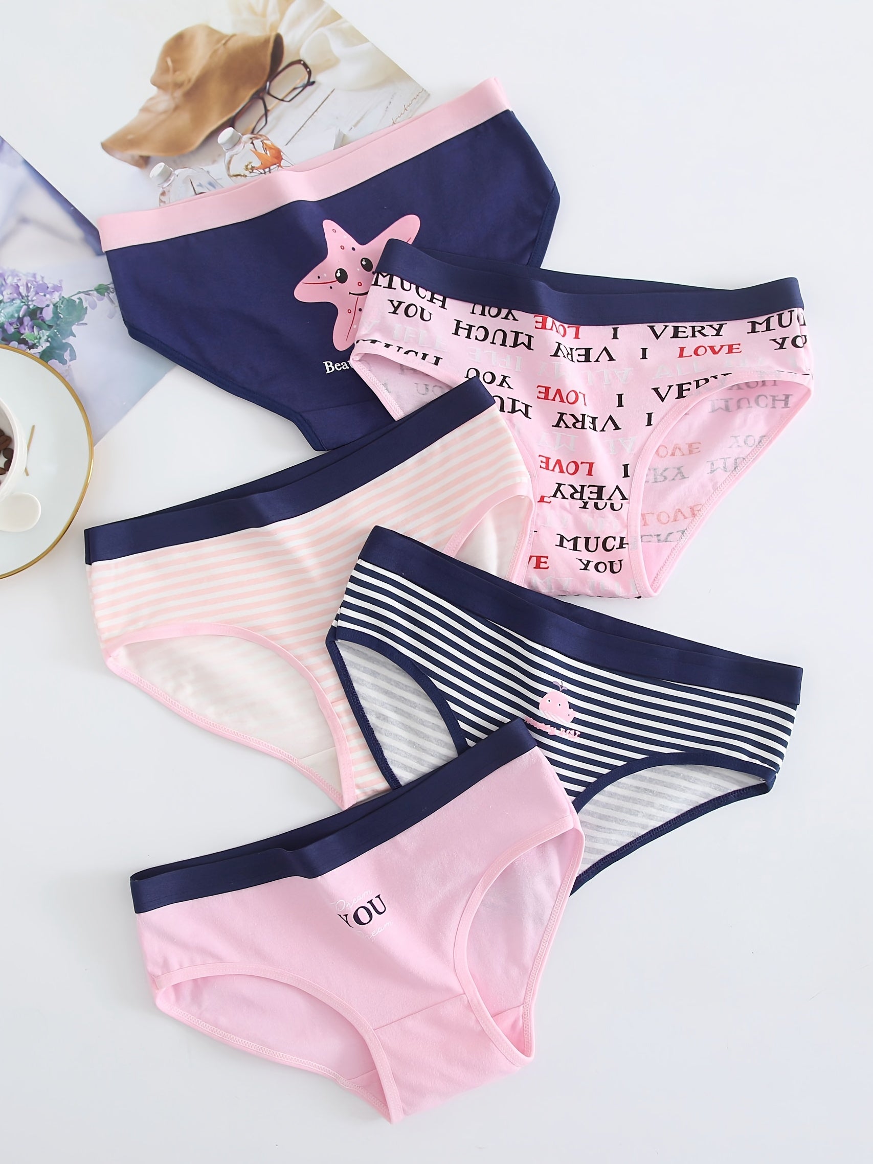 5pcs Cotton Cartoon Briefs Panties Set For Women
