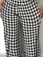  Houndstooth Print Wideband Waist Straight Leg Trousers