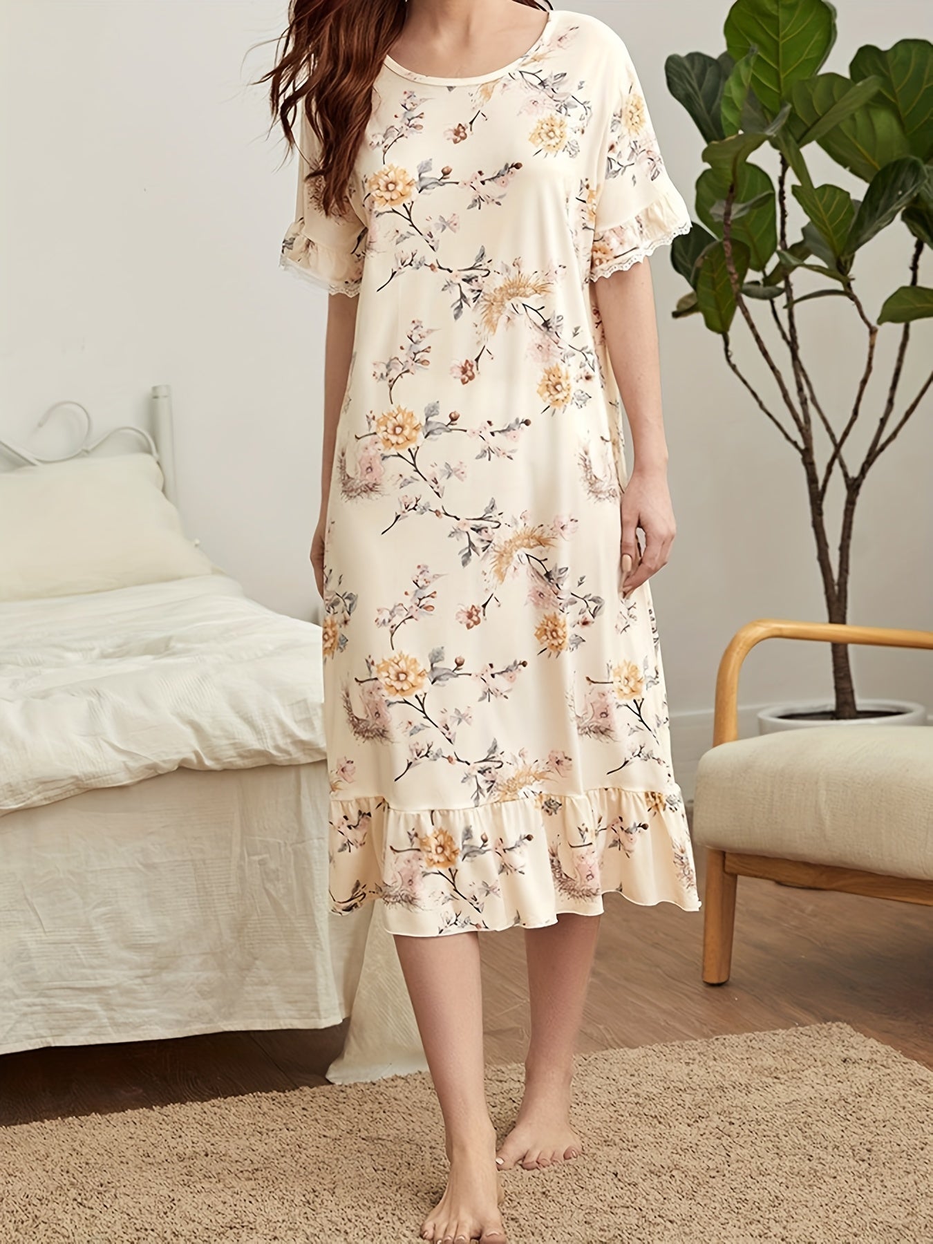 Floral Print NightDress Short Sleeve Ruffle Pajama Dress