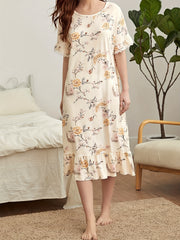 Floral Print NightDress Short Sleeve Ruffle Pajama Dress
