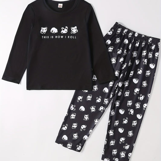 Boys Rolling Panda Cartoon Long Sleeve Pajama Set
