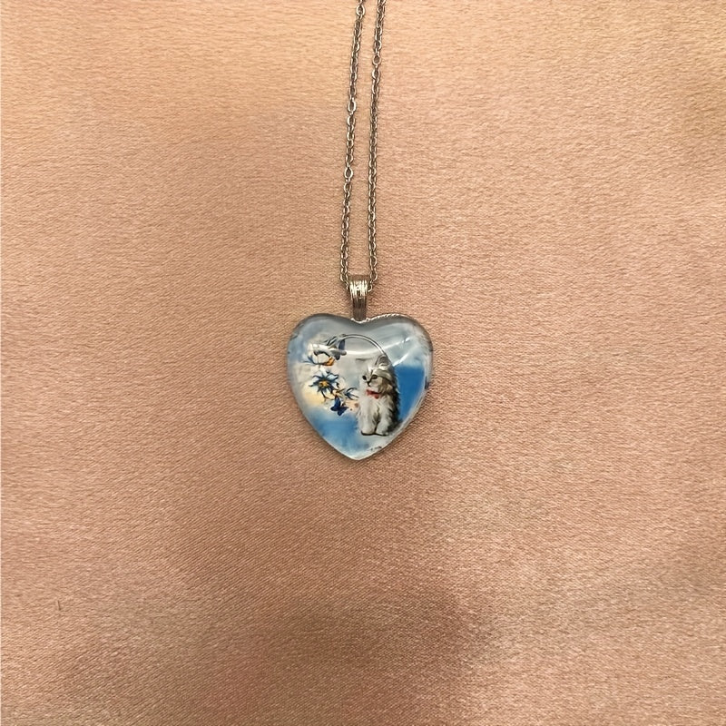 Heart Shaped Cat Pendant Necklace Gift For Girls