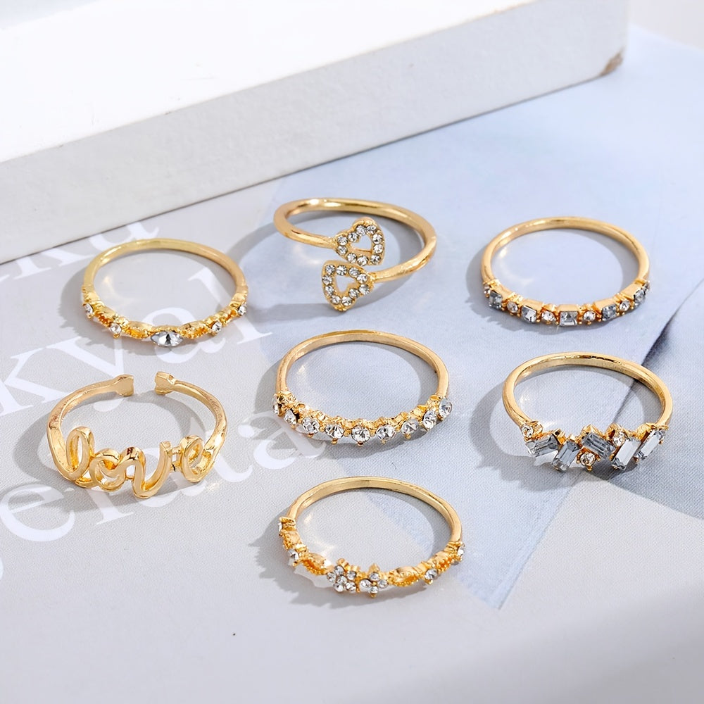 7pcs Golden Letter Love Rhinestone Joint Ring Set For Women
