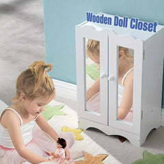 Wooden Dolls Wardrobe with 6 Hangers & Mirror